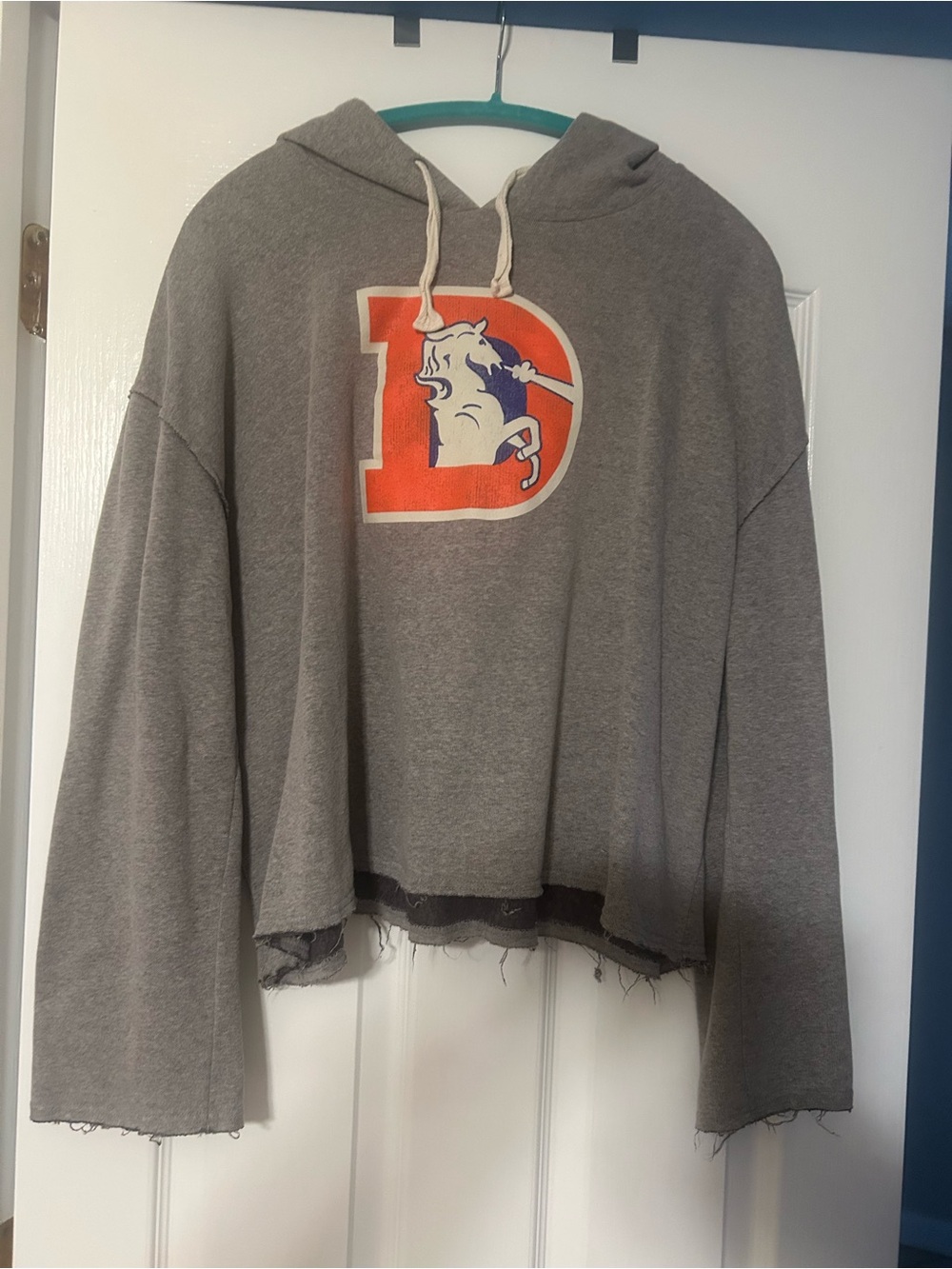 NFL Gray Cropped Hoodie with Orange & Blue Denver Bronco Logo